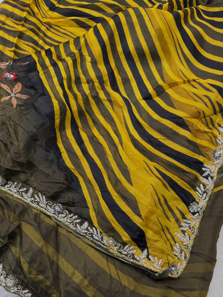 Chinon Striped Saree with Floral Embroidery & Heavy Handworked Border