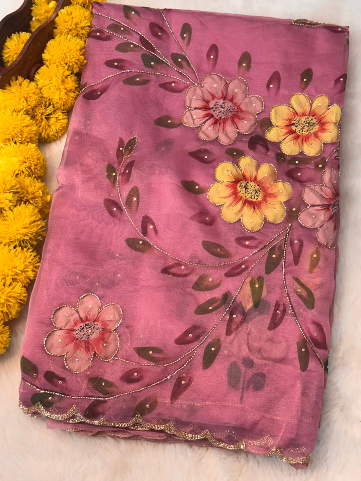 Hand-Painted Floral Organza Saree with Delicate Zari Edging