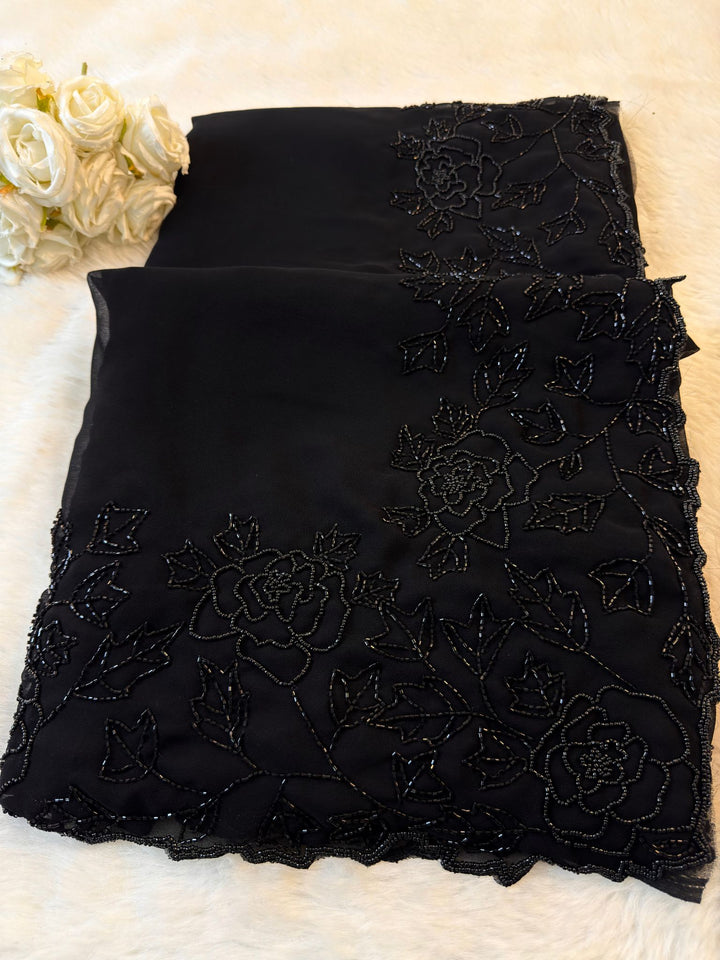 Elegant Black Saree with Beaded Floral Embroidery & Scalloped Border