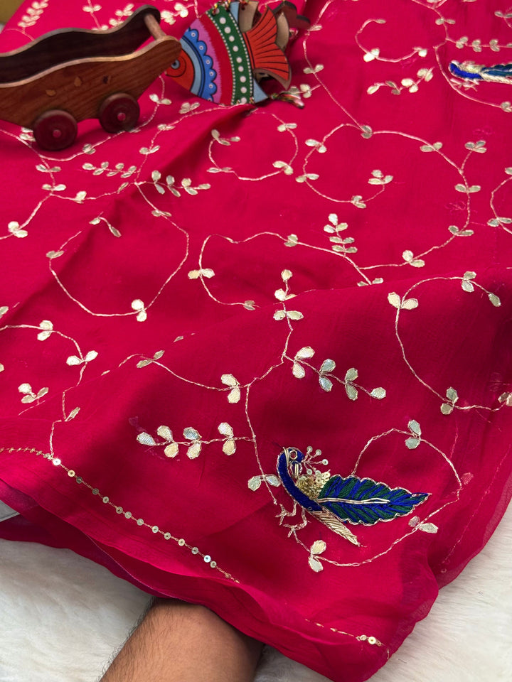 Pure Chiffon Saree with Gotta patti Embroidery & Handcrafted Peacock Motifs