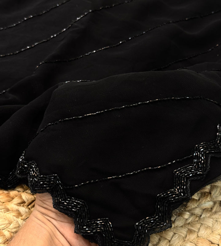 Black georgette saree with black chevron bead embroidery and zig-zag border – Jyoti Sarees
