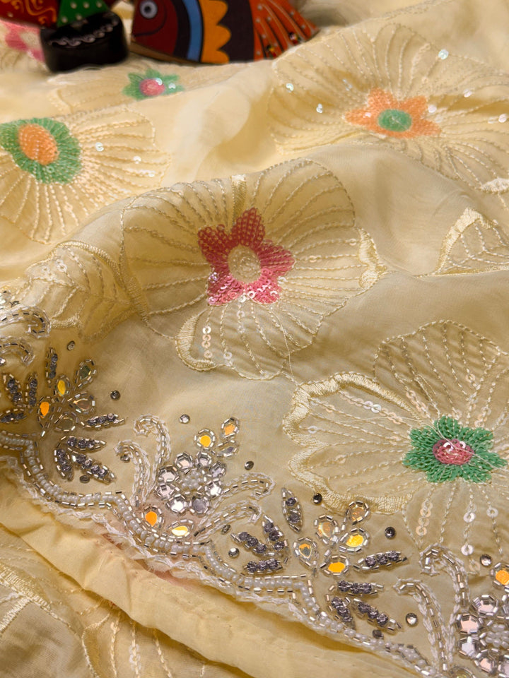 HO Silk Saree with Floral Sequin Embroidery & Heavy Beaded Border