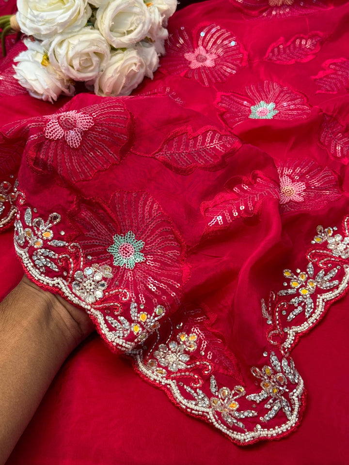 HO Silk Saree with Floral Sequin Embroidery & Heavy Beaded Border