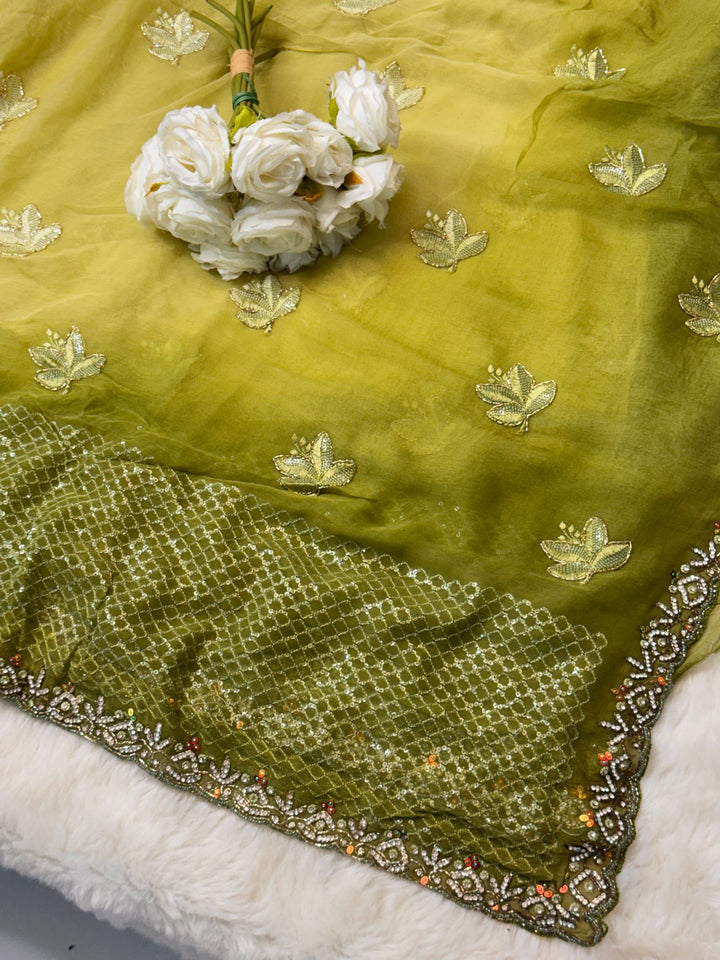 Chiffon Saree with Floral Butti Embroidery,& Heavy Stone Border