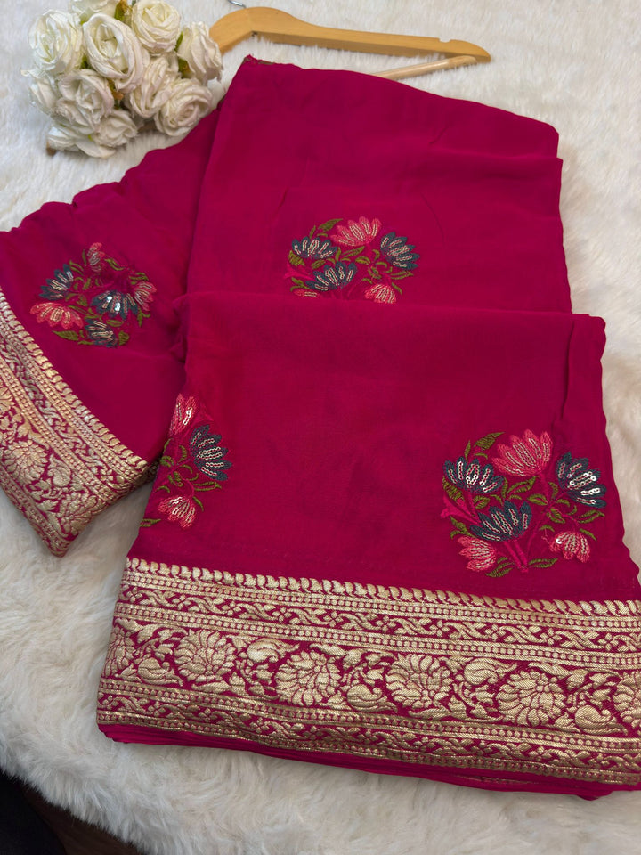 ✨ Chinon Silk Saree with Floral Zari Border & Sequin Embroidery