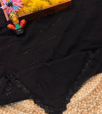 Black georgette saree with black chevron bead embroidery and zig-zag border – Jyoti Sarees
