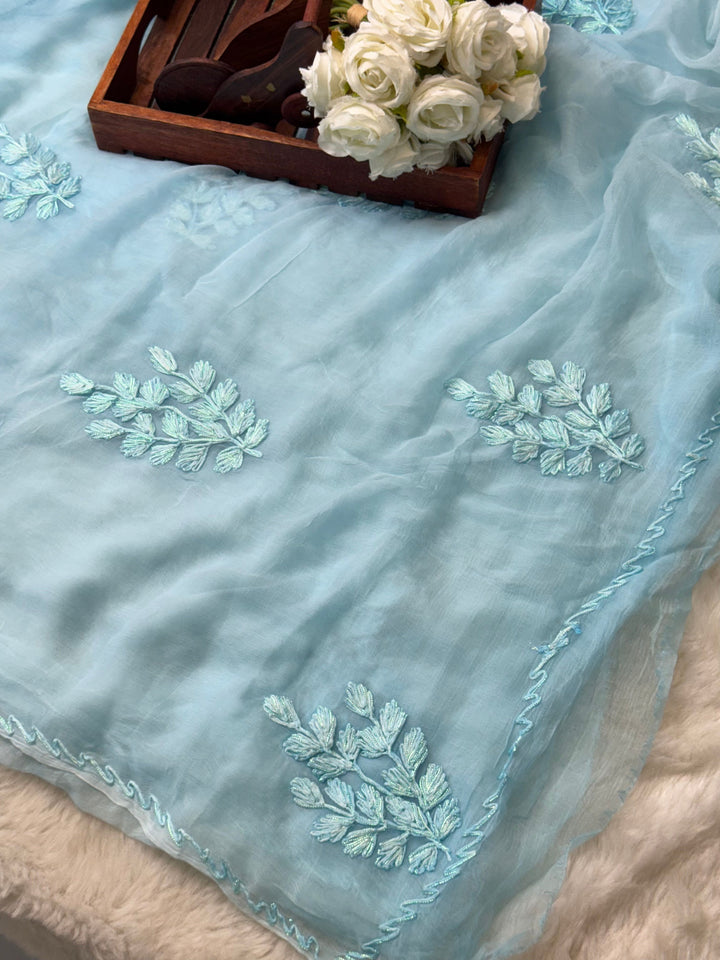 Pure Chiffon Saree with Tonal Leaf Motif Thread Embroidery
