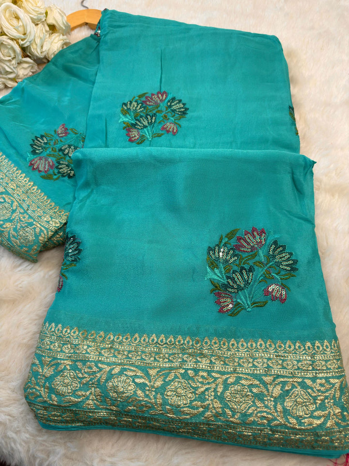 ✨ Chinon Silk Saree with Floral Zari Border & Sequin Embroidery