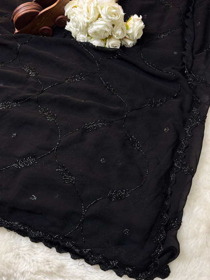 Black Special Net Saree with Leaf Vine Bead Embroidery ✨