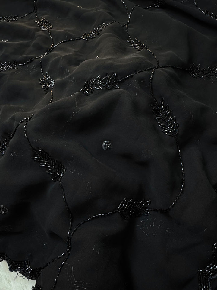Black Special Net Saree with Leaf Vine Bead Embroidery ✨