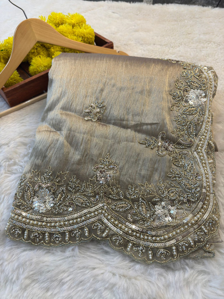 Elegant Zari Silk Saree with Sequin & Bead Embroidery Border – Premium Collection