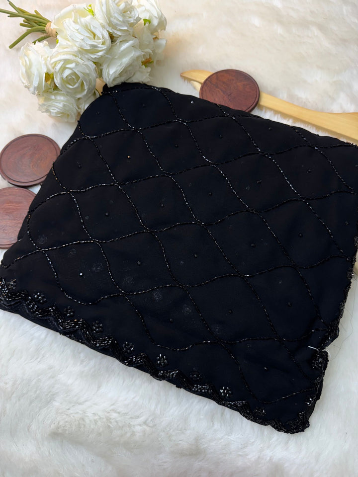 Black georgette Saree with Wavy Beadwork & Scalloped Border 🌙
