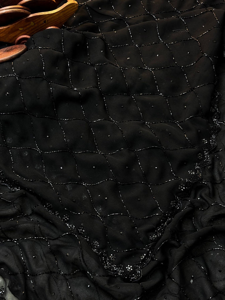 Black georgette Saree with Wavy Beadwork & Scalloped Border 🌙