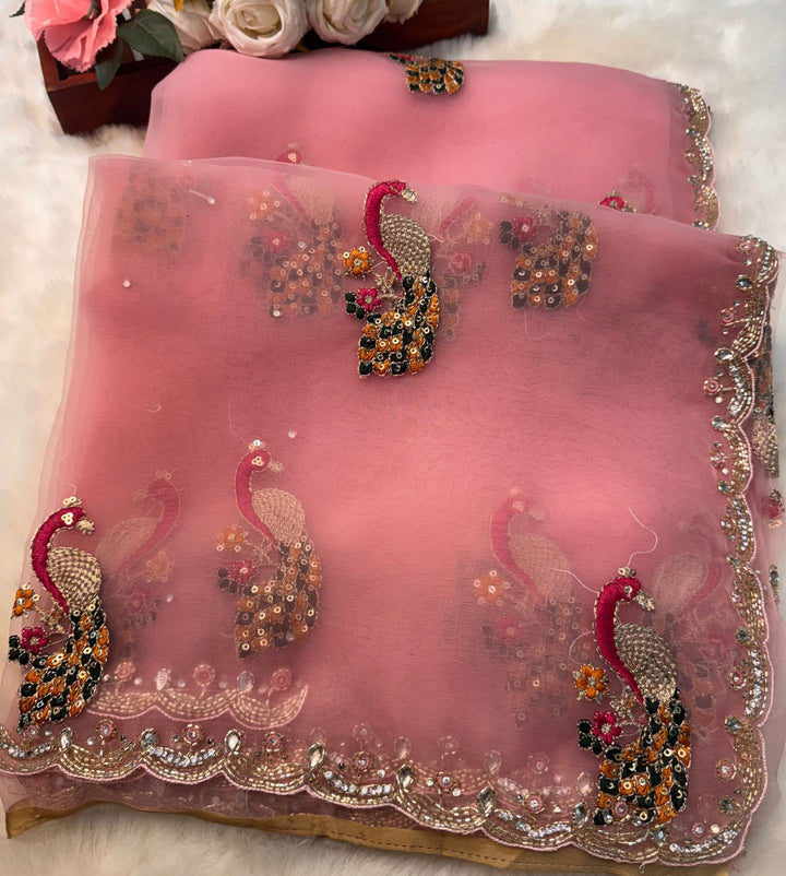 Dusty mauve glass tissue saree with peacock embroidery and unstitched blouse – Jyoti Sarees