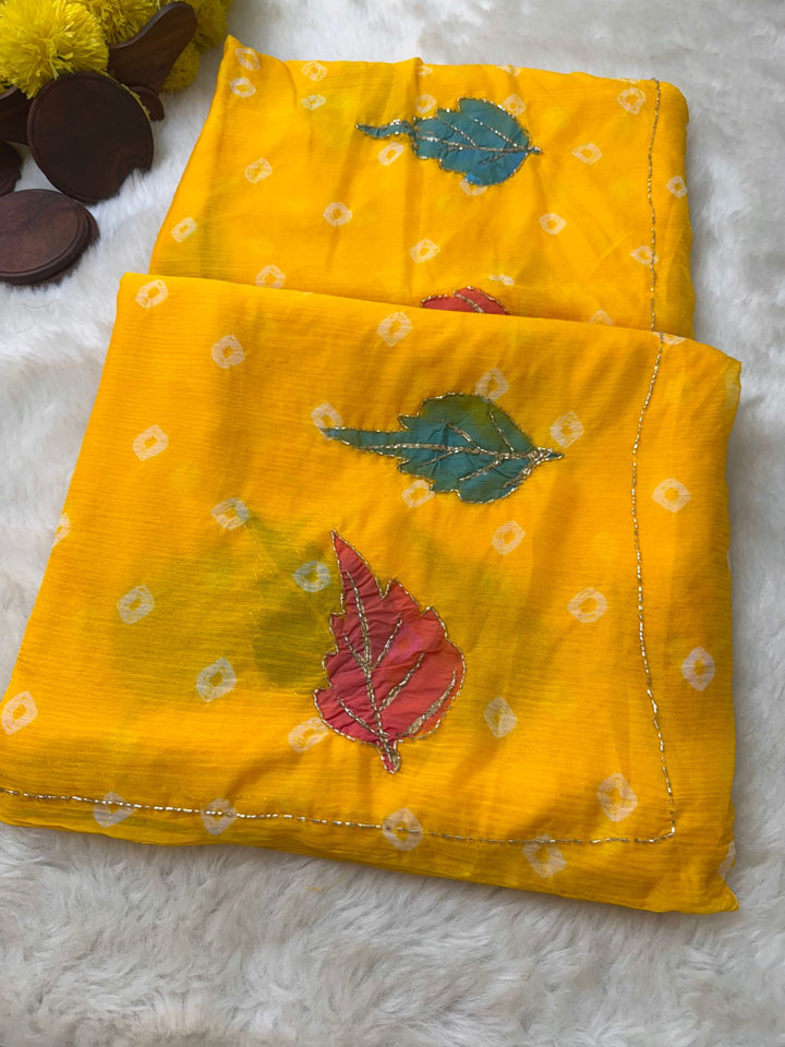 Chiffon Chunri Brush Print Saree with Leaf Design