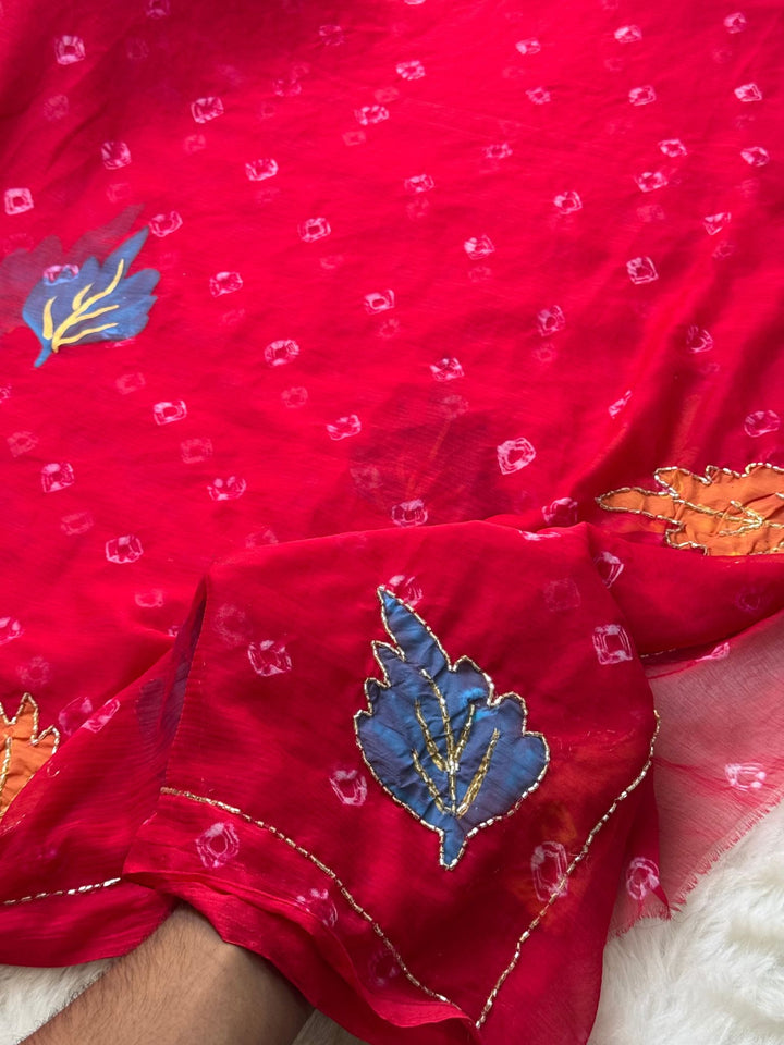 Chiffon Chunri Brush Print Saree with Leaf Design