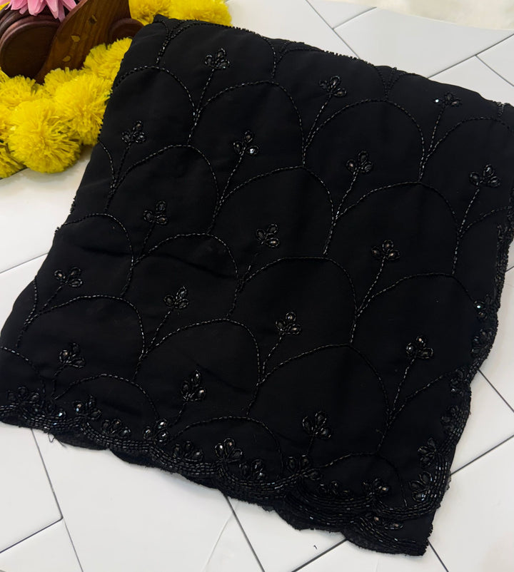Black georgette saree with floral hand embroidery in cutdana and beads with scalloped border – Jyoti Sarees



