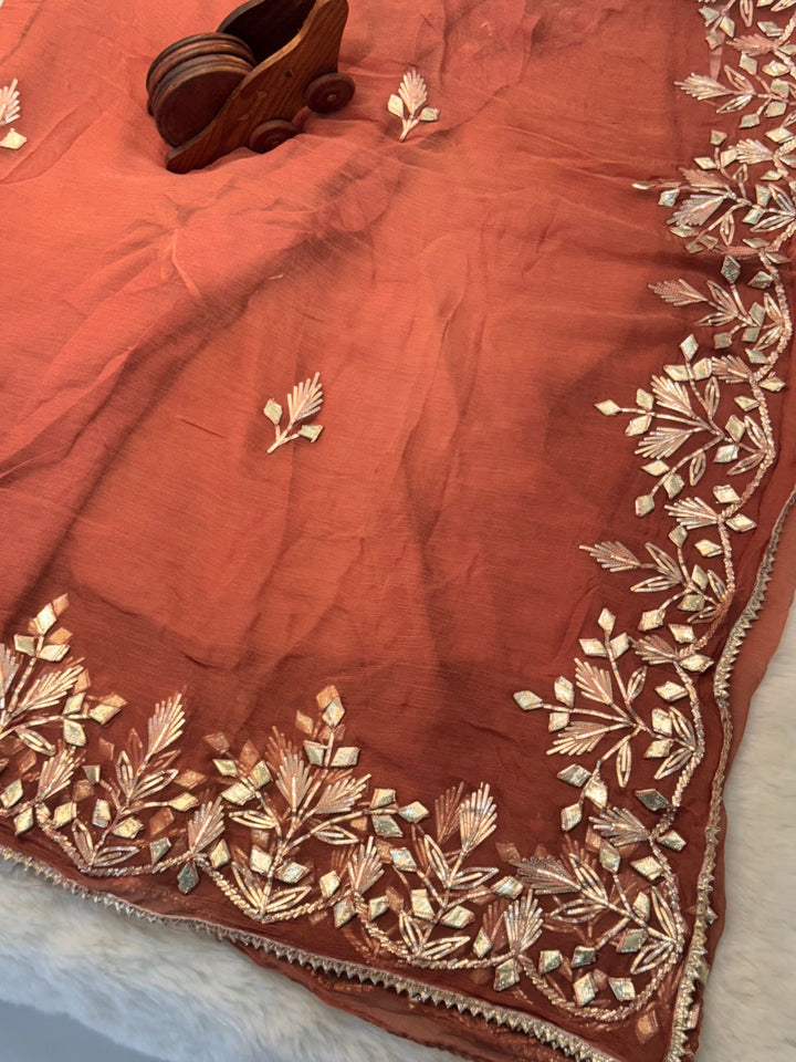 Pure Chiffon Saree with Hand Embroidered Leaf Motifs & Gota Work Border