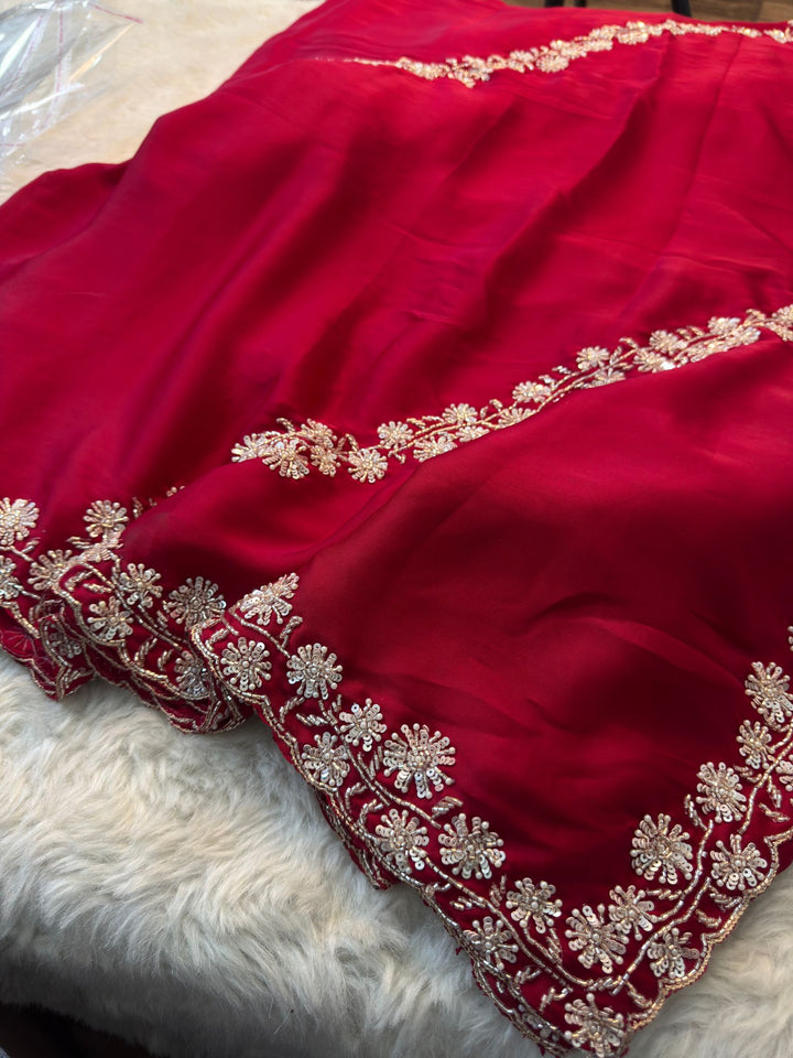 Satin Silk Saree with Heavy Sequin Floral Border – Premium Partywear