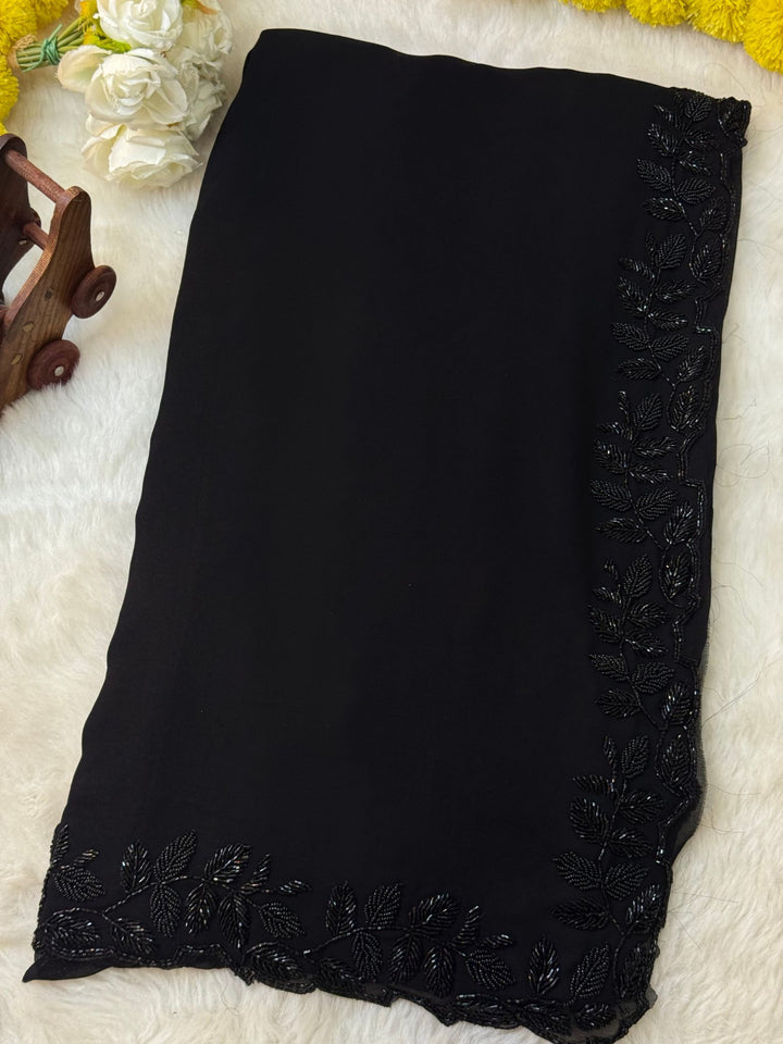 Black saree with full cutdana hand embroidery and leaf border – Jyoti Sarees