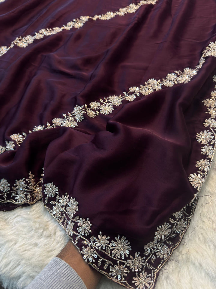 Satin Silk Saree with Heavy Sequin Floral Border – Premium Partywear