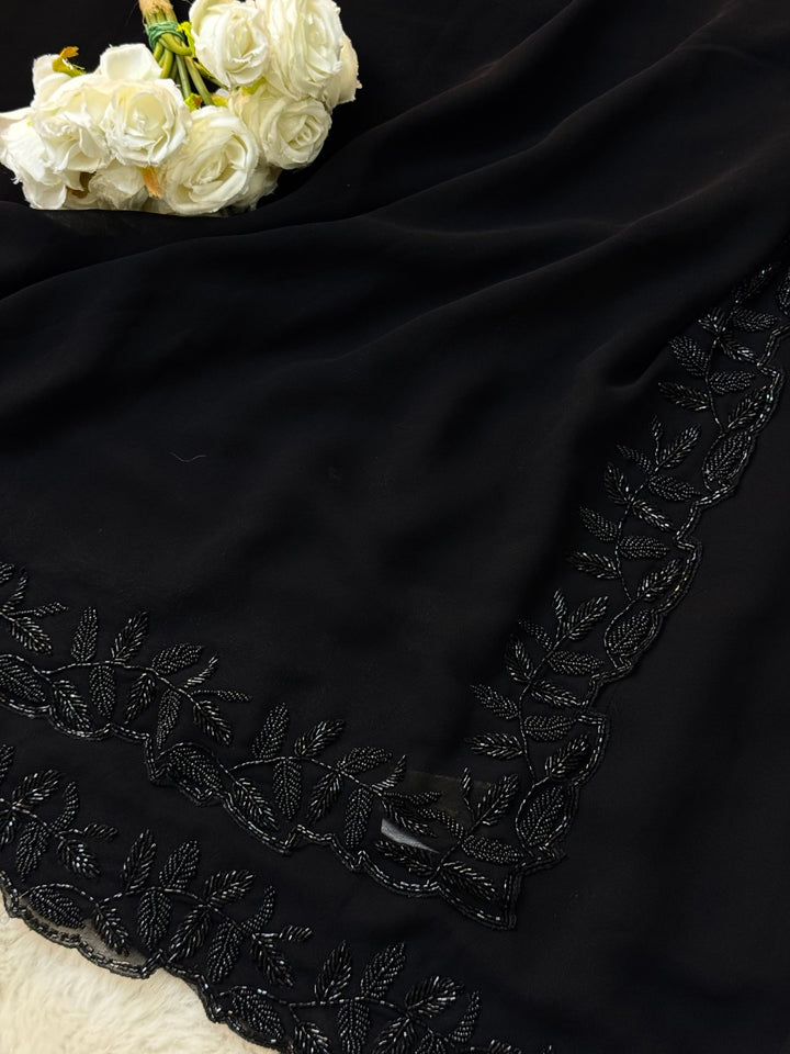 Black Cutdana Handwork Saree with Leaf Embroidery Border