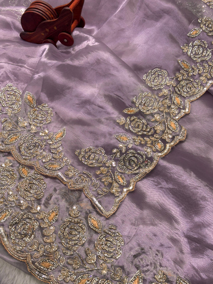 ✨ Mausam Tissue Saree with 3D Rose Motif Sequin & Zari Embroidery