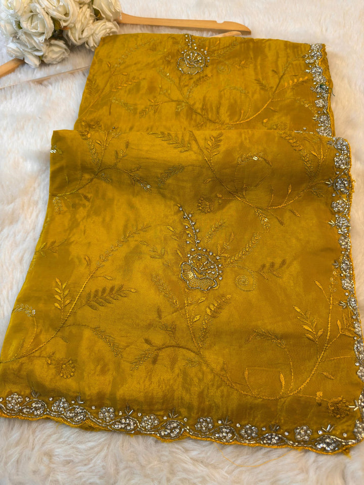 HO Silk Saree with Full Jaal Thread Embroidery & Pearl-Sequin Border