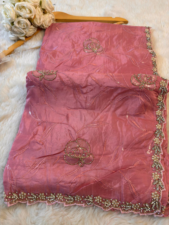 HO Silk Saree with Full Jaal Thread Embroidery & Pearl-Sequin Border