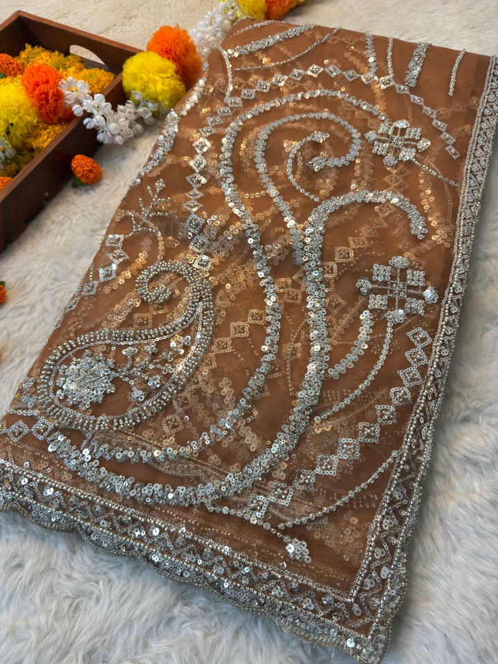 Net Saree with Heavy Silver Sequin & Stone Embroidery