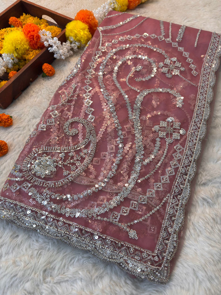 Net Saree with Heavy Silver Sequin & Stone Embroidery