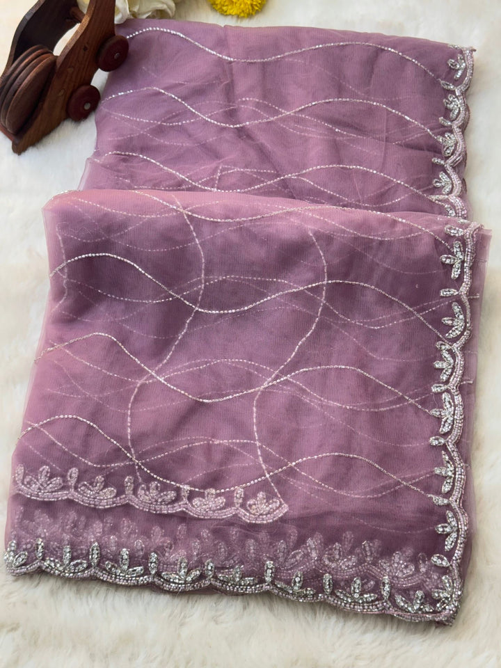 Net Saree with Wavy Sequin Embroidery & Designer Border