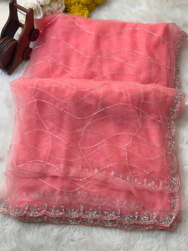 Net Saree with Wavy Sequin Embroidery & Designer Border