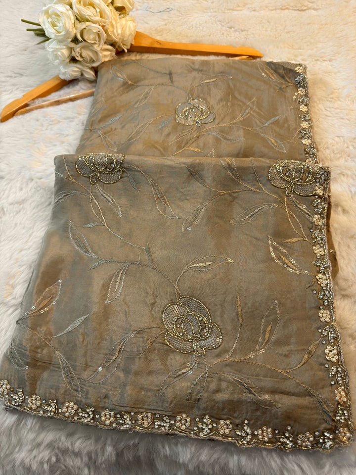 HO Silk Saree with Full Jaal Thread Embroidery & Pearl-Sequin Border