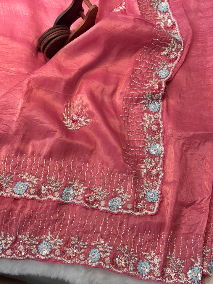 ✨ HO Silk Saree with Floral Sequin Butti & Heavy Embroidered Border