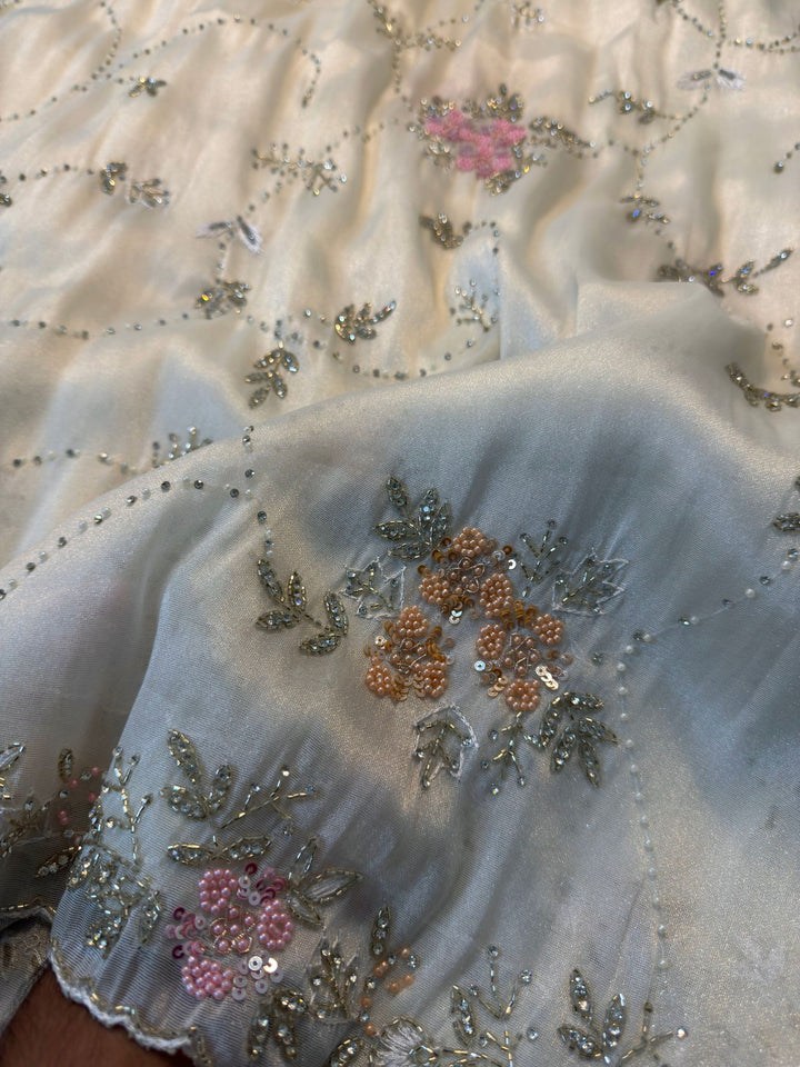 Chandaniya Silk Saree with Hand Embroidered Floral Borders