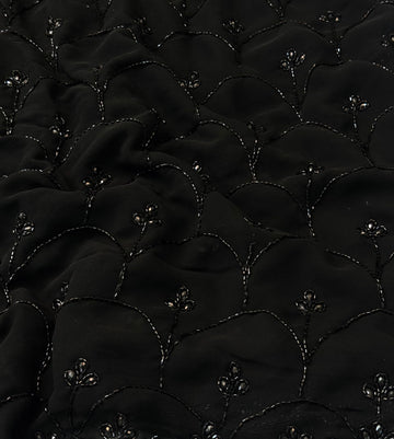 Black georgette saree with floral hand embroidery in cutdana and beads with scalloped border – Jyoti Sarees
