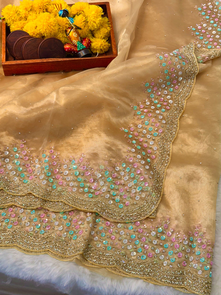✨ Mausam Tissue Saree with Multicolor Sequin Floral Border & Scalloped Edges
