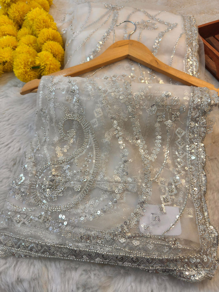 Net Saree with Heavy Silver Sequin & Stone Embroidery