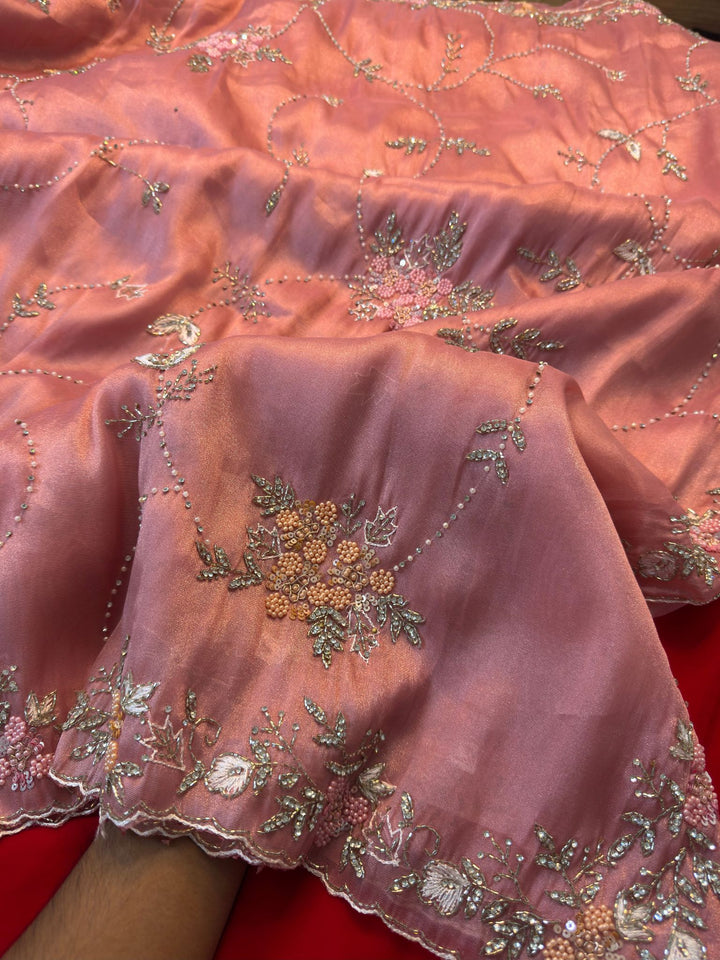 Chandaniya Silk Saree with Hand Embroidered Floral Borders