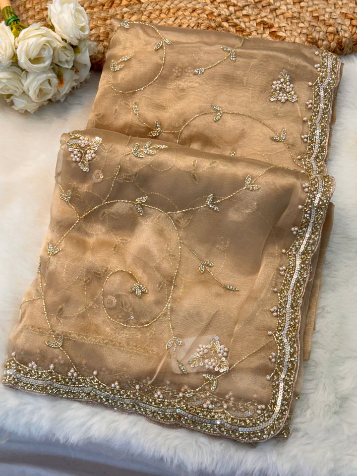 ✨ Mausam Tissue Saree with Pearl, Sequin & Embroidered Border