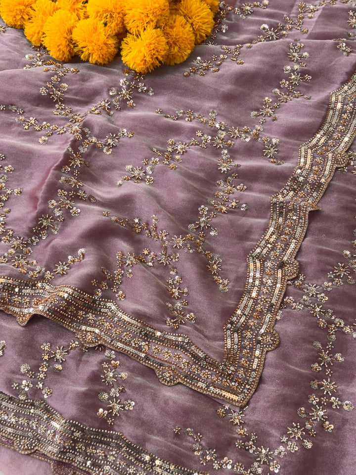 Galaxy Sheen Sequin-Floral Saree with Heavy Border | Unstitched Blouse