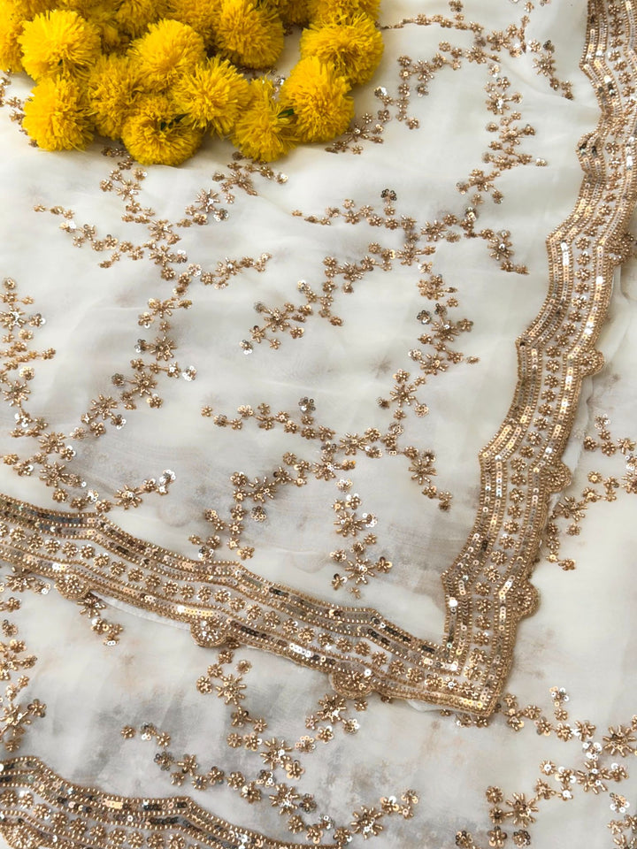 Galaxy Sheen Sequin-Floral Saree with Heavy Border | Unstitched Blouse