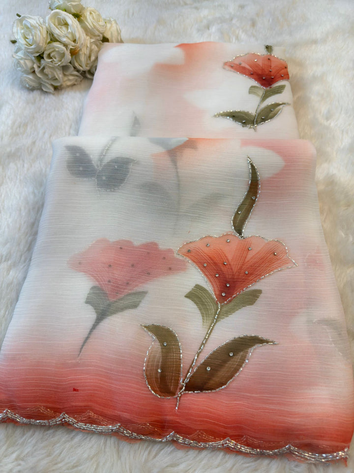 🌸 Royal Chiffon Saree with Printed Floral Design & White Bead Border