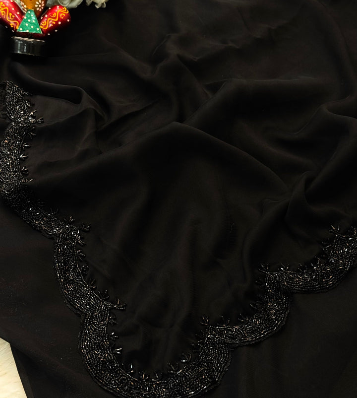 Black Rangoli silk saree with hand-beaded scallop border and stitched blouse – Jyoti Sarees