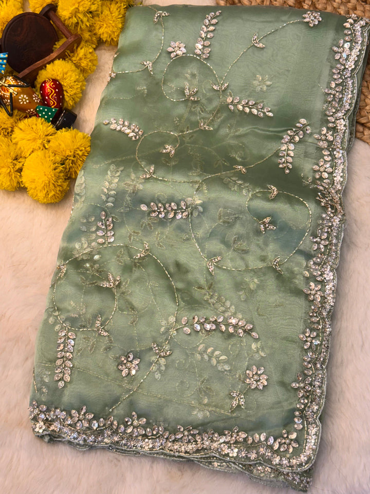 ✨ Premium Mausam Tissue Saree with Hand Embroidery & Sequins Border