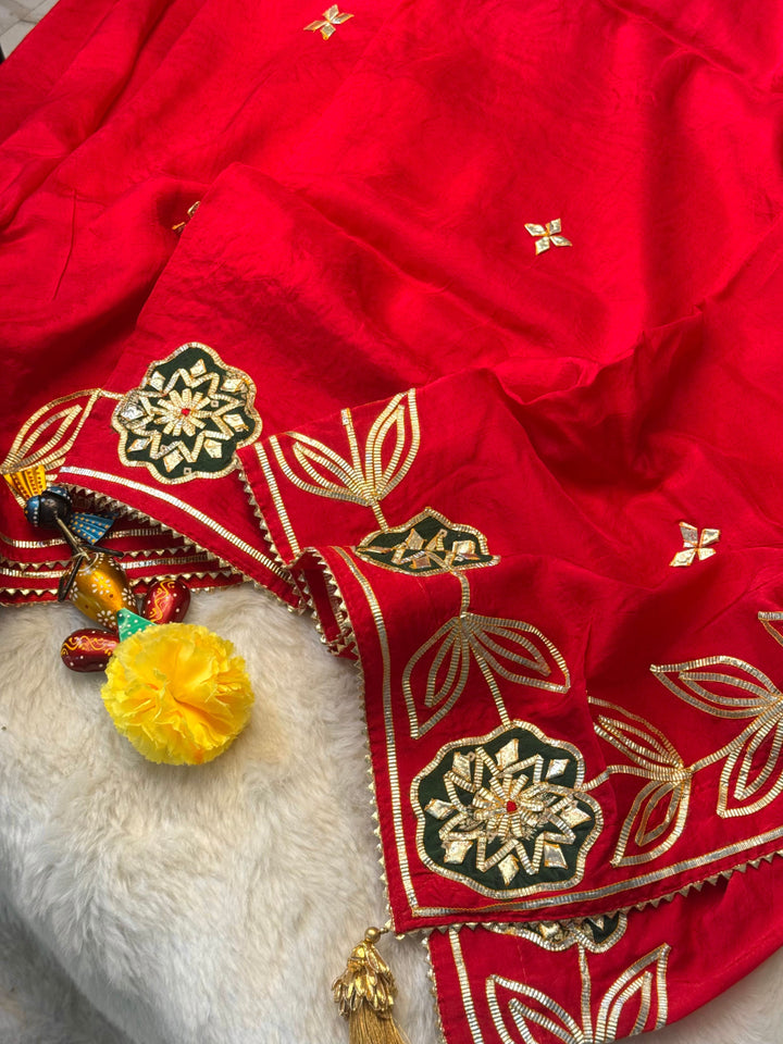 Dola Silk Saree with Gota & Embellished Floral Border and Butti Work