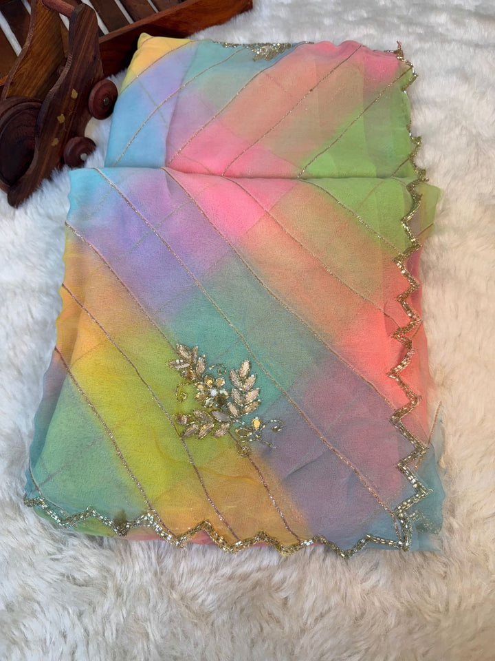 Pastel Rainbow Chiffon Saree with Stone Floral Work & Beaded Border