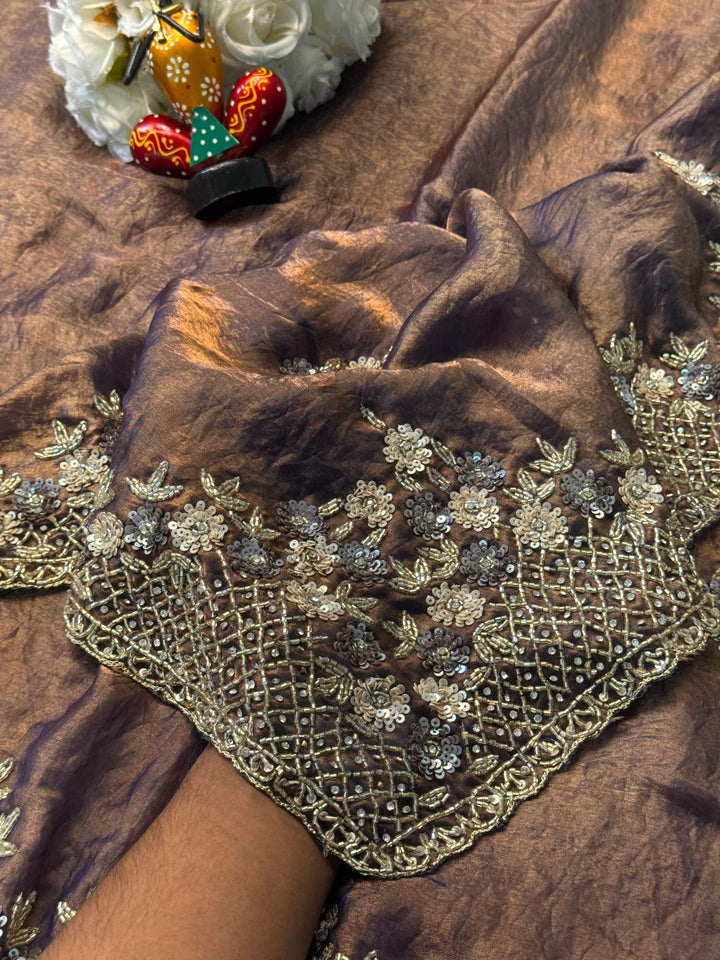 Fendy Silk Saree with Floral Sequin Embroidery & Heavy Beaded Border