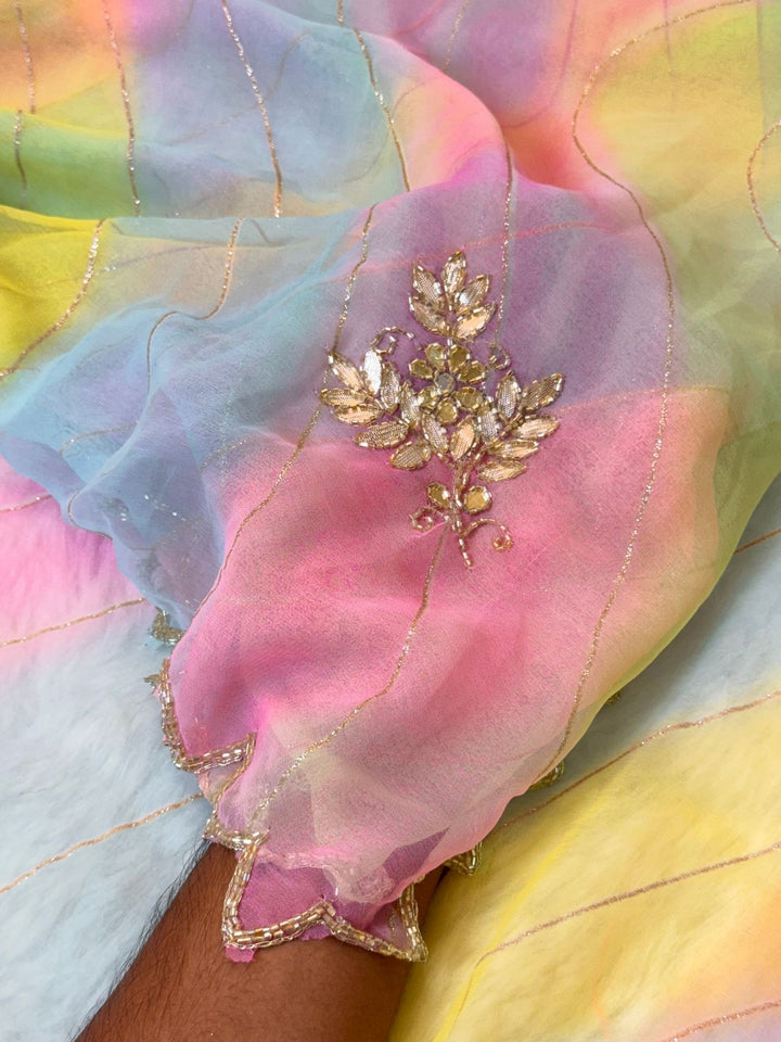 Pastel Rainbow Chiffon Saree with Stone Floral Work & Beaded Border